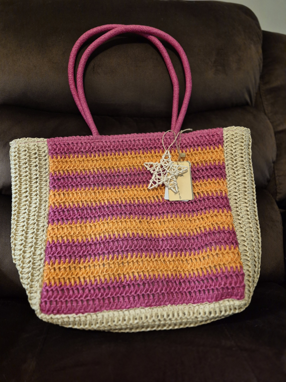 Vintage Havana Striped Crochet Satchel in Pink, Orange & Natural